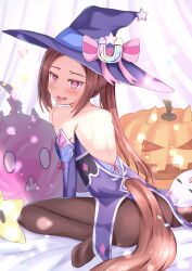 Rule 34 | 1girl, animal ears, back, bare shoulders, bed sheet, black pantyhose, blue dress, blue gloves, blue hat, blush, bow, brown hair, commentary, dress, elbow gloves, finger to mouth, flower in eye, from behind, ghost, gloves, halloween, hat, hat bow, highres, horse ears, horse girl, horse tail, horseshoe ornament, huziiro matutya, jack-o&#039;-lantern, long hair, looking at viewer, looking back, no shoes, on bed, pantyhose, ponytail, purple bow, purple eyes, sakura bakushin o (umamusume), short dress, sitting, solo, star (symbol), symbol in eye, tail, textless version, umamusume, wariza, witch hat