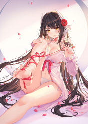 Rule 34 | 1girl, artist name, azur lane, bare legs, bare shoulders, barefoot, black hair, blush, breasts, cleavage, collarbone, commentary request, criin (659503), detached sleeves, feet, flower, gloves, hair flower, hair ornament, hair over shoulder, hiei (azur lane), highres, horns, large breasts, leg lift, long hair, long sleeves, looking at viewer, navel, panties, parted lips, pink lips, red ribbon, revision, ribbon, side-tie panties, sitting, smile, soles, solo, thighs, toes, underwear, very long hair, white gloves, white panties, wide sleeves, yellow eyes