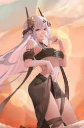 Rule 34 | 1girl, absurdres, arknights, bare shoulders, bikini, black bikini, black nails, breasts, commentary, cowboy shot, flower, grin, hair flower, hair ornament, highres, horns, index finger raised, infection monitor (arknights), lens flare, long hair, looking at viewer, material growth, medium breasts, mudrock (arknights), mudrock (silent night) (arknights), nail polish, navel, oripathy lesion (arknights), pointy ears, red eyes, sama (sama24654684), sarong, silver hair, smile, solo, standing, stomach, swimsuit, thighs, very long hair, yellow flower
