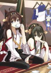 Rule 34 | 10s, 2girls, ahoge, bare shoulders, black eyes, black hair, boots, brown hair, cup, detached sleeves, drinking, eating, food, food on face, hair ornament, hairband, haruna (kancolle), headgear, japanese clothes, kantai collection, kauto, kongou (kancolle), crossed legs, long hair, looking at viewer, lying, multiple girls, on stomach, personification, ribbon-trimmed sleeves, ribbon trim, sitting, stuffed animal, stuffed rabbit, stuffed toy, teacup, thigh boots, thighhighs, uniform, wariza