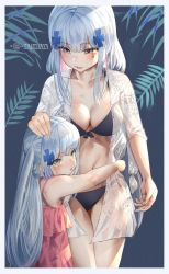 Rule 34 | 2girls, absurdres, aged down, armpits, artist name, bikini, black bikini, blue background, blunt bangs, breasts, cleavage, cross, facial tattoo, fern, girls&#039; frontline, green eyes, hand on another&#039;s head, hani haya, headpat, highres, hk416 (girls&#039; frontline), hug, iron cross, large breasts, legs together, mother and daughter, multiple girls, navel, nightgown, pink nightgown, scar, scar across eye, scar on face, see-through, swimsuit, tattoo, teardrop tattoo, thighs, white background, white hair