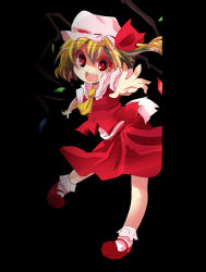 Rule 34 | 1girl, aki (akikaze asparagus), blonde hair, fang, female focus, flandre scarlet, hat, hat ribbon, outstretched hand, red eyes, ribbon, shaded face, side ponytail, solo, touhou, wings