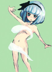 Rule 34 | 1girl, artist request, blush, censored, convenient censoring, female focus, flat chest, ghost, green eyes, hair ornament, hairband, heart, heart-shaped pupils, highres, hitodama, konpaku youmu, konpaku youmu (ghost), navel, nude, open mouth, outstretched arm, short hair, simple background, solo, standing, symbol-shaped pupils, touhou, white hair