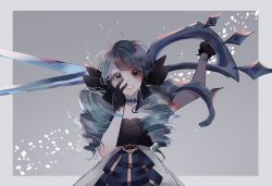 Rule 34 | 1girl, black gloves, blue eyes, blue hair, commentary, drill hair, english commentary, eyeshadow, gloves, gwen (league of legends), highres, holding, holding scissors, league of legends, long hair, makeup, oversized object, parted lips, red eyeshadow, scissors, smile, solo, twin drills, yenaiiru