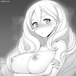 Rule 34 | 1girl, :/, arms under breasts, blush, breasts, cypress, greyscale, inverted nipples, kantai collection, large breasts, long hair, mole, mole under eye, monochrome, nipples, nude, richelieu (kancolle), solo, sweat, twitter username, upper body, wavy hair