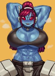 Rule 34 | 1girl, abs, alien, armor, armpits, arms behind head, black choker, blue skin, breasts, choker, cleavage, colored sclera, colored skin, commentary, english commentary, ezzydraws, headset, highres, huge breasts, looking at viewer, muscular, muscular female, no nose, ponytail, red eyes, red hair, red sclera, solid eyes, solo, sweat, t&#039;au, tank top, underboob, warhammer 40k