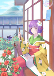 Rule 34 | 1girl, architecture, blue sky, blunt bangs, bob cut, breasts, bug, bush, butterfly, calligraphy brush, camellia, camellia print, closed mouth, cloud, commentary request, day, east asian architecture, eyelashes, feet out of frame, floral print, flower, green kimono, hair flower, hair ornament, hakama, hakama skirt, hieda no akyuu, highres, holding, holding brush, insect, japanese clothes, kimono, lan qiandai, layered clothes, layered kimono, light smile, long sleeves, medium breasts, mountain, obi, outdoors, paintbrush, purple eyes, purple hair, red hakama, sash, scroll, short hair, sitting, skirt, sky, solo, swept bangs, touhou, veranda, wide sleeves, wind chime, wooden wall, yellow kimono