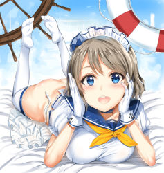 Rule 34 | 10s, 1girl, :d, anchor, anchor symbol, apron, ass, bed sheet, blue eyes, bottomless, bow, breasts, brown hair, choker, feet, feet up, full body, gloves, hair bow, head rest, kamishiro ryuu, lifebuoy, looking at viewer, love live!, love live! sunshine!!, lying, maid headdress, neckerchief, no panties, no shoes, on stomach, open mouth, plantar flexion, school uniform, serafuku, short hair, short sleeves, smile, socks, soles, solo, swim ring, tareme, teeth, the pose, thighhighs, toes, watanabe you, white gloves, white socks