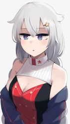 Rule 34 | 1girl, :o, bare shoulders, blue eyes, breasts, cleavage, cleavage cutout, clothing cutout, dress, flower-shaped pupils, girls&#039; frontline, grey background, hair between eyes, hair ornament, hairclip, highres, hinami047, jacket, medium breasts, messy hair, off shoulder, ots-12 (girls&#039; frontline), simple background, sleeveless, sleeveless dress, solo, star-shaped pupils, star (symbol), star hair ornament, symbol-shaped pupils, upper body, white hair