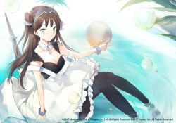 Rule 34 | 1girl, apron, azur lane, black dress, black pantyhose, blue eyes, breasts, brown hair, bubble, bubble pipe, cleavage, closed mouth, closed umbrella, collarbone, commentary request, dress, frilled apron, frills, full body, holding, large breasts, long hair, looking at viewer, lpip, maid, maid apron, maid headdress, newcastle (azur lane), official art, pantyhose, partial commentary, retrofit (azur lane), sidelocks, sitting, sleeveless, sleeveless dress, smile, solo, strap slip, two side up, umbrella, water, watermark, wrist cuffs