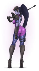Rule 34 | 1girl, :&lt;, armor, ass, back, black footwear, black gloves, black hair, bodysuit, boots, breasts, clenched hand, colored skin, from behind, full body, gauntlets, gloves, gradient background, greaves, grey skin, gun, half-closed eyes, head-mounted display, high heel boots, high heels, high ponytail, highres, holding, holding weapon, knee boots, kneepits, legs, long hair, long legs, looking at viewer, looking back, medium breasts, over shoulder, overwatch, overwatch 1, pauldrons, ponytail, pout, profile, purple hair, purple skin, rifle, shadow, shoulder armor, simple background, skin tight, sniper rifle, solo, standing, thigh strap, thighs, turtleneck, upshdragoon, vambraces, very long hair, visor, weapon, weapon over shoulder, widowmaker (overwatch), yellow eyes