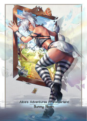 Rule 34 | 1girl, alice in wonderland, animal ears, animal hands, card, character name, clock, eyepatch, gloves, highres, kemonomimi mode, league of legends, orange eyes, paw gloves, rabbit ears, rabbit tail, riven (league of legends), short hair, single glove, smile, solo, striped clothes, striped thighhighs, tail, thighhighs, white hair, xiao ji (kair030)