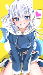 Rule 34 | 1girl, absurdres, animal costume, blue hair, blue hoodie, blue socks, blunt bangs, blush, breasts, commentary, fins, fish tail, gawr gura, gawr gura (1st costume), grey hair, hair ornament, heart, highres, hololive, hololive english, hood, hoodie, looking at viewer, masaharu21, medium hair, multicolored hair, shark costume, shark girl, shark hair ornament, shark tail, shoes, sidelocks, small breasts, smile, sneakers, socks, spoken heart, streaked hair, tail, virtual youtuber, white footwear