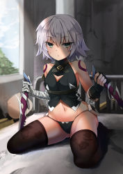 Rule 34 | 1girl, :o, absurdres, arm belt, bandaged arm, bandages, bare shoulders, bed, bed frame, belt, black belt, black gloves, black panties, black shirt, blue sky, blurry, brown thighhighs, buckle, cloud, collarbone, commentary request, crack, cracked wall, day, depth of field, dual wielding, expressionless, facial scar, fate/apocrypha, fate (series), fingerless gloves, floral print, full body, glint, gloves, green eyes, groin, hair between eyes, half-closed eyes, halterneck, highres, holding, holding knife, holding weapon, indoors, jack the ripper (fate/apocrypha), knife, looking at viewer, navel, no shoes, on bed, panties, print thighhighs, reverse grip, scar, scar across eye, scar on cheek, scar on face, seiza, shade, shadow, shirt, short hair, shoulder tattoo, silver hair, single glove, sitting, skindentation, sky, sleeveless, sleeveless shirt, solo, stomach, sunlight, tattoo, thighhighs, tree, turtleneck, underwear, weapon, window, zpig020406