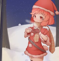 Rule 34 | 1girl, among us, artist name, belt, belt buckle, black thighhighs, blush, bob cut, brown belt, brown gloves, brown scarf, buckle, capelet, closed mouth, coffee mug, commentary, cowboy shot, crewmate (among us), cup, doki doki literature club, dress, drink, english commentary, fur-trimmed dress, fur-trimmed gloves, fur-trimmed headwear, fur trim, gloves, hair ornament, hat, highres, holding, holding cup, holding drink, hot chocolate, instagram logo, instagram username, light smile, looking at viewer, mug, natsuki (doki doki literature club), night, own hands together, pink hair, plaid, plaid scarf, pom pom (clothes), rabbit tail, raised eyebrows, red capelet, red dress, red eyes, red hat, ribbed gloves, santa costume, santa hat, scarf, short dress, short hair, smile, snow, snow on body, snowing, solo, standing, steam, swept bangs, tail, the artist aurora, thighhighs, tree, twitter username, winter, x hair ornament