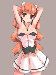Rule 34 | 1girl, aq interactive, arcana heart, arcana heart 2, armpits, arms behind head, arms up, atlus, bare shoulders, breasts, dress, drill hair, earrings, examu, female focus, jewelry, long hair, necklace, orange hair, petra johanna lagerkvist, simple background, solo, strapless, strapless dress, unikurage