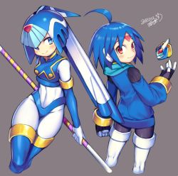 Rule 34 | 1boy, 1girl, ahoge, artist name, black pantyhose, blue eyes, blue footwear, blue hair, blush, bodysuit, boots, breasts, closed mouth, dated, iroyopon, fairy leviathan (mega man), long hair, looking at viewer, medium breasts, mega man (series), mega man zero (series), mega man zx, mega man zx advent, pantyhose, red eyes, short hair, signature, smile, thetis (mega man), thigh boots, thighhighs
