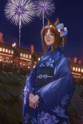 1girl absurdres ak8531848 alternate_costume alternate_hairstyle animal_ears blue_eyes blue_kimono brown_hair commentary_request cowboy_shot ear_ornament festival fireworks grass_wonder_(umamusume) highres horse_ears horse_girl horse_tail japanese_clothes kimono long_sleeves medium_hair multicolored_hair night open_mouth outdoors smile solo streaked_hair summer_festival tail teeth umamusume upper_teeth_only white_hair wide_sleeves