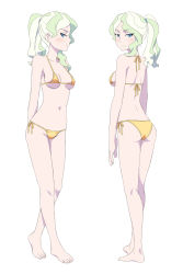 Rule 34 | 1girl, ass, bikini, blonde hair, blue eyes, blush, breasts, butt crack, cleavage, closed mouth, diana cavendish, feet, from behind, full body, highres, little witch academia, looking at viewer, looking back, looking to the side, multiple views, navel, ponytail, satochi, shoulder blades, simple background, small breasts, standing, swimsuit, white background, yellow bikini