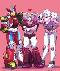 Rule 34 | 3girls, annoyed, arcee, autobot, backpack, bag, blue eyes, blush, breasts, colored skin, dumbdelvon, elita one, height difference, helmet, highres, mecha, medium breasts, multiple girls, override, panties, robot, simple background, size difference, thighs, transformers, transformers: generation 1, transformers cybertron, underwear