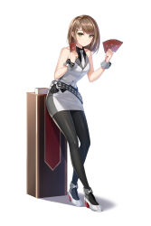 Rule 34 | 1girl, :/, absurdres, against table, alternate hair color, ankle boots, bare arms, bare shoulders, belt, black bow, black footwear, black pantyhose, black shirt, bob cut, boots, bow, breasts, brown hair, card, closers, collared shirt, croupier, dress shirt, eunha (closers), fold-over boots, footwear bow, full body, green eyes, grey wrist cuffs, hair ornament, hairclip, hands up, high heels, highres, holding, holding card, leaning forward, lectern, looking at viewer, looking to the side, medium breasts, miniskirt, necktie, official art, pantyhose, pencil skirt, playing card, shadow, shirt, short hair, skirt, sleeveless, sleeveless shirt, solo, standing, swept bangs, tachi-e, two-tone footwear, vest, waistcoat, white background, white belt, white bow, white footwear, white necktie, white skirt, white vest, wrist bow, wrist cuffs