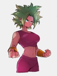 Rule 34 | 1girl, aqua eyes, arms at sides, bracelet, breasts, clenched hands, closed mouth, cowboy shot, crop top, cropped legs, dragon ball, dragon ball super, earrings, facing away, fingernails, frown, green hair, grey background, hands up, jewelry, kefla (dragon ball), kemachiku, large breasts, looking afar, messy hair, midriff, navel, pants, parted bangs, potara earrings, red pants, serious, short hair, simple background, solo, super saiyan, toned