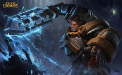 Rule 34 | 1boy, armor, brown hair, cable, coldburger, creature, electricity, facial hair, feet out of frame, garen (league of legends), gauntlets, gloves, league of legends, light, light rays, logo, looking at another, male focus, manly, mature male, monster, official alternate costume, official art, outdoors, short hair, solo, steel legion garen, stubble, sword, teeth, thick eyebrows, weapon