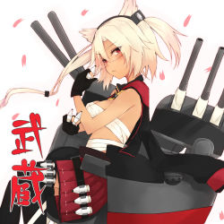 Rule 34 | 10s, 1girl, absurdres, ammunition, blonde hair, dark-skinned female, dark skin, fingerless gloves, glasses, gloves, headgear, highres, kantai collection, kou mashiro, long hair, looking at viewer, machinery, musashi (kancolle), personification, pointy hair, red eyes, sarashi, sitting, solo, thighhighs, turret