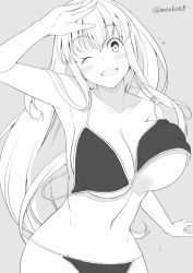 Rule 34 | 1girl, arm up, bikini, bouncing breasts, breasts, collarbone, greyscale, grin, kichihachi, large breasts, long hair, looking at viewer, monochrome, navel, one eye closed, original, parted lips, sidelocks, smile, solo, swimsuit, teeth, v