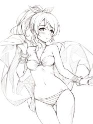 Rule 34 | 10s, 1girl, ayase eli, bikini, blush, bracelet, earrings, greyscale, hair ribbon, jewelry, love live!, love live! school idol project, md5 mismatch, monochrome, navel, o-ring, o-ring top, ponytail, resolution mismatch, ribbon, sketch, solo, source smaller, striped bikini, striped clothes, swimsuit, thigh gap, tonee, white background