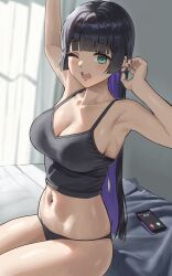 Rule 34 | 1girl, anteiru, armpits, arms up, bare arms, bare shoulders, black hair, black nails, black panties, blunt bangs, blunt ends, blush, bocchi the rock!, breasts, camisole, cellphone, chin piercing, cleavage, colored inner hair, commentary request, crop top, green eyes, highres, indoors, large breasts, long hair, multicolored hair, nail polish, navel, navel piercing, one eye closed, open mouth, pa-san, panties, phone, piercing, purple hair, sidelocks, sitting, smartphone, solo, stomach, straight hair, tearing up, thighs, two-tone hair, underwear, very long hair, waking up