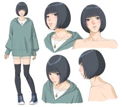 Rule 34 | 1girl, bare shoulders, black hair, black thighhighs, blush, character sheet, collarbone, commission, full body, green hoodie, grey eyes, hood, hoodie, jewelry, looking at viewer, looking to the side, multiple girls, necklace, original, shirt, shoes, short hair, short shorts, shorts, simple background, skeb commission, sneakers, thighhighs, upper body, watanabe yasuaki, white background, white shirt, white shorts