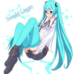 Rule 34 | 1girl, akiru, aqua hair, bespectacled, blue eyes, glasses, hatsune miku, highres, long hair, shoes, shorts, smile, solo, striped clothes, striped thighhighs, thighhighs, twintails, very long hair, vocaloid