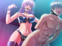 Rule 34 | 1boy, 1girl, abs, anal, breasts, censored, collar, covered erect nipples, dildo, femdom, game cg, hetero, inchiki reibaishi, large breasts, leash, long hair, male face, male penetrated, nipples, open mouth, pegging, penis, purple eyes, purple hair, saliva, sex, sex toy, strap-on, toono fuyuka