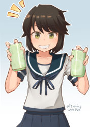 Rule 34 | 1girl, black hair, blue skirt, can, commentary request, condensation, dated, gradient background, green eyes, grin, highres, holding, holding can, izumikuma, kantai collection, looking at viewer, miyuki (kancolle), notice lines, pleated skirt, sailor collar, school uniform, serafuku, short hair, short sleeves, simple background, skirt, smile, solo, twitter username, upper body