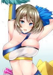 Rule 34 | 10s, 1girl, arm behind head, armpits, arms up, bare shoulders, blue eyes, blush, bouncing breasts, breasts, brown hair, cheerleader, choker, cleavage, collarbone, detached sleeves, green eyes, heterochromia, highres, idolmaster, idolmaster cinderella girls, large breasts, looking at viewer, midriff, mole, mole under eye, navel, open mouth, pom pom (cheerleading), sankakusui, shiny skin, short hair, skindentation, smile, solo, strapless, sweat, takagaki kaede, tube top