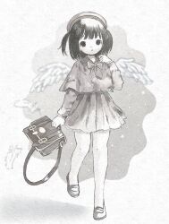 Rule 34 | 1girl, bag, black bag, black hair, dress, feathered wings, feathers, grey dress, grey footwear, greyscale, hand up, hat, highres, holding, holding bag, medium hair, monochrome, original, shiromomo sofuto, shoes, solo, star (symbol), white wings, wings