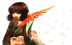 Rule 34 | 1boy, androgynous, black hair, child, covering own mouth, crossdressing, eyelashes, floral print, half-closed eyes, hand fan, hatanaka, hunter x hunter, japanese clothes, kalluto zoldyck, kimono, male focus, obi, paper, red eyes, sash, simple background, solo, traditional clothes, trap, upper body, white background