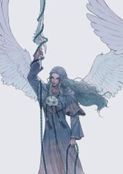 Rule 34 | 1girl, absurdres, angel wings, arm at side, arm up, artist name, blue eyes, braid, capelet, chain, collarbone, commentary, cowboy shot, drawstring, english commentary, feathered wings, final fantasy, final fantasy xiv, floating hair, grey background, grey capelet, grey hair, grey robe, half updo, highres, holding, holding chain, holding sword, holding weapon, hood, hood down, hooded capelet, long hair, long sleeves, looking at viewer, mask, mask around neck, oikvw, robe, serious, simple background, single braid, solo, spread wings, standing, sword, tassel, unworn mask, venat (ff14), wavy hair, weapon, wings