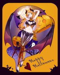 Rule 34 | 1girl, armpits, arms up, bat wings, breasts, cleavage cutout, clothing cutout, crazy otama, demon horns, demon tail, demon wings, full body, halloween, halloween costume, happy halloween, highres, horns, large breasts, long hair, looking at viewer, midriff, nami (one piece), navel, one piece, orange eyes, orange hair, pants, pumpkin, shiny clothes, solo, tail, tongue, tongue out, wings
