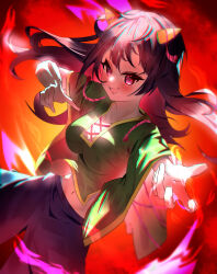 Rule 34 | 1girl, absurdres, ahoge, chromatic aberration, collarbone, commentary request, cross-laced clothes, highres, horns, long hair, long sleeves, looking at viewer, navel, nippaku zanmu, open mouth, purple eyes, purple hair, red background, solo, touhou, unfinished dream of all living ghost, wide sleeves, yomatsuri (festival night)