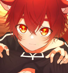 Rule 34 | 1boy, :3, animal ears, bandaid, bandaid on hand, black shirt, blush, child, closed mouth, food, food on face, highres, looking at viewer, looking up, male focus, original, pov, red hair, shirt, short hair, short sleeves, solo, tatsu wan, thick eyebrows, wolf boy, wolf ears