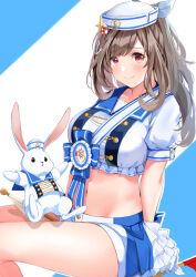 Rule 34 | 1girl, arm support, blue background, blue sailor collar, blush, breasts, brown eyes, brown hair, closed mouth, collarbone, crop top, cropped jacket, flag, gloves, idolmaster, idolmaster shiny colors, invisible chair, jacket, koukoku, large breasts, long hair, looking at viewer, midriff, navel, sailor collar, sash, short sleeves, shorts, shoulder sash, simple background, sitting, smile, solo, stuffed animal, stuffed rabbit, stuffed toy, swept bangs, tsukioka kogane, two-tone background, white background, white gloves, white headwear, white jacket, white shorts