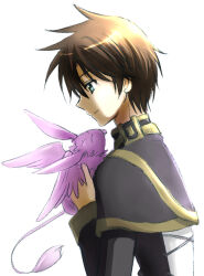 Rule 34 | 07-ghost, 2boys, black jacket, brown hair, burupya, closed eyes, closed mouth, dragon, facing to the side, green eyes, jacket, long sleeves, looking at another, male focus, multiple boys, poteti19, purple scales, short hair, smile, teito klein, tongue, tongue out
