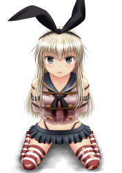 Rule 34 | 10s, 1girl, arms behind back, bdsm, black panties, blonde hair, bondage, bound, bound arms, collarbone, detached sleeves, elbow gloves, gin fuaru, gloves, grey eyes, hair ribbon, highres, kantai collection, long hair, looking at viewer, microskirt, panties, parted lips, ribbon, rope, sailor collar, shadow, shimakaze (kancolle), simple background, sitting, skirt, solo, striped clothes, striped thighhighs, sweatdrop, thighhighs, torn clothes, underwear, wariza, white background