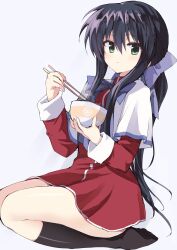 Rule 34 | 1girl, black hair, black socks, blue bow, bow, bowl, capelet, chopsticks, closed mouth, commentary, dress, expressionless, from side, full body, green eyes, hair between eyes, hair bow, hands up, highres, holding, holding bowl, holding chopsticks, kanon, kawasumi mai, kneehighs, light blush, long hair, long sleeves, looking at viewer, low ponytail, no shoes, purple bow, red dress, school uniform, seiza, shiny skin, short dress, sidelocks, simple background, sitting, socks, solo, takepoison, very long hair, white background, white capelet