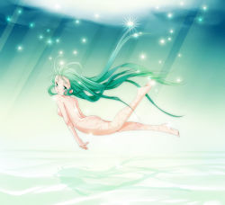 Rule 34 | 1girl, ass, back, barefoot, floating hair, freediving, green eyes, green hair, haruki (colorful macaron), hatsune miku, highres, legs, light rays, long hair, looking back, matching hair/eyes, nude, shadow, smile, solo, sparkle, sunbeam, sunlight, underwater, very long hair, vocaloid, water