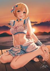 Rule 34 | 1girl, aiba yumi, bare legs, barefoot, blonde hair, blush, breasts, brooch, brown eyes, casino (casinoep), choker, cleavage, clothes around waist, crop top, dated, feet, female focus, hair ornament, hair ribbon, hand on own foot, highres, idolmaster, idolmaster cinderella girls, idolmaster cinderella girls starlight stage, jewelry, looking at viewer, medium breasts, midriff, navel, open mouth, outdoors, ribbon, shirt, shirt around waist, short hair, signature, sitting, skirt, smile, solo, sunset, toes, wrist cuffs