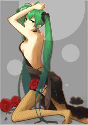 Rule 34 | 1girl, aqua eyes, aqua hair, arm up, back, backless dress, backless outfit, bad id, bad pixiv id, bare back, bare shoulders, breasts, dress, fishnet thighhighs, fishnets, flower, garter straps, hatsune miku, juugonichi (wheeliex2), kneeling, long hair, looking back, medium breasts, sideboob, solo, thighhighs, twintails, very long hair, vocaloid