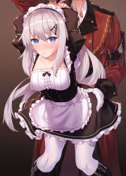 Rule 34 | 1boy, 1girl, 9a-91 (girls&#039; frontline), apron, arms behind head, blue eyes, blush, breasts, commission, girls&#039; frontline, griffin &amp; kryuger military uniform, hair between eyes, hair ornament, hetero, ibuki notsu, implied sex, long hair, looking at viewer, maid, maid headdress, medium breasts, open mouth, silver hair, skeb commission, solo focus, thighhighs, very long hair, white thighhighs